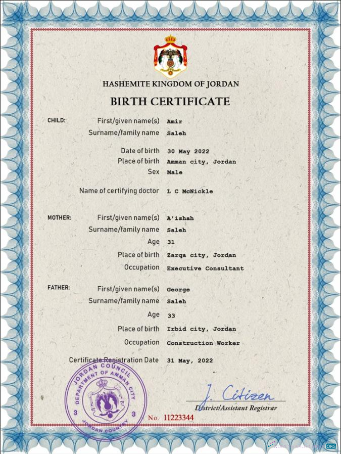 Download Jordan vital record birth certificate PSD template Photoshop template